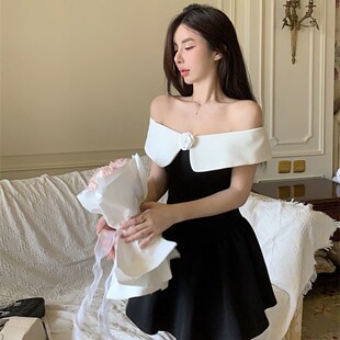 法式 一字肩连衣裙女夏黑色裙子高级感气质生日小礼裙礼服收腰短裙