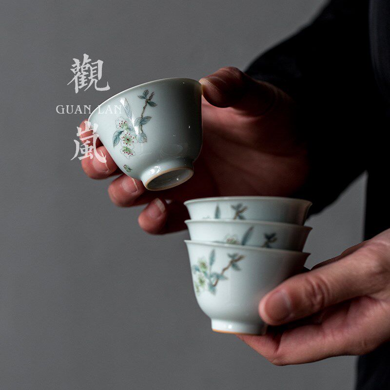 观岚仿古胎手绘海棠花闻香杯陶瓷家用茶杯个人杯薄胎釉上彩品茗杯