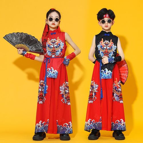 六一国潮女童走秀复古爵士舞古典舞合唱服男童中国风脸谱演出服装