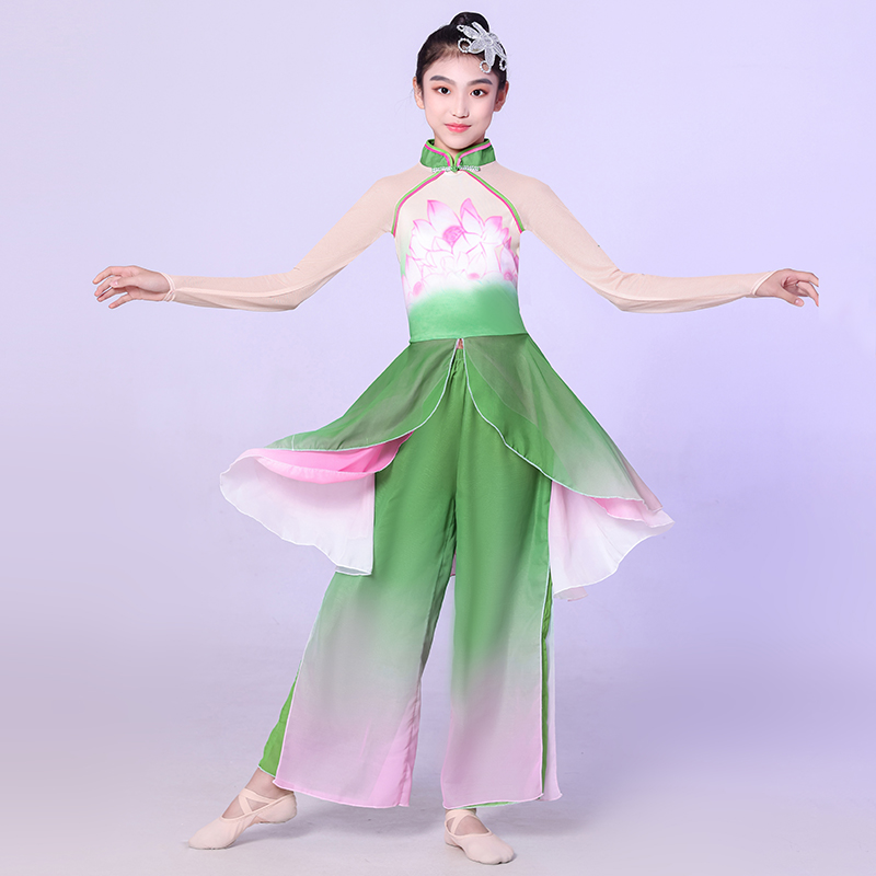 儿童古典舞飘逸演出服秧歌舞扇子伞舞表演服女童荷花中国舞舞蹈服