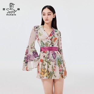 密扇国潮水袖 小个子连身裙夏 雪纺V领连衣裙女碎花温柔风连体裙裤