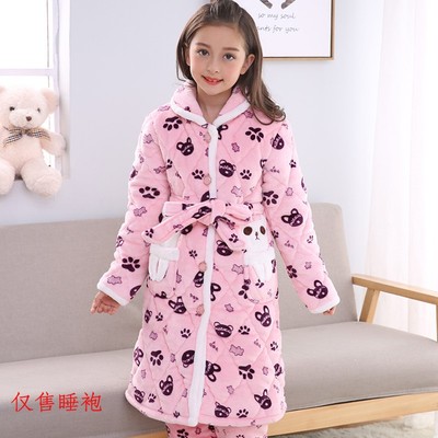 女童秋冬款加厚珊瑚绒三层夹棉睡袍浴袍儿童中大童女孩法兰绒加棉