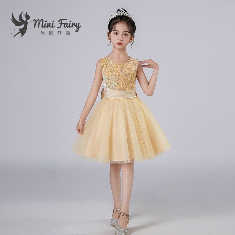 新款女童钢琴演出礼服花童短款网纱公主裙香槟亮片蓬蓬裙六一表演