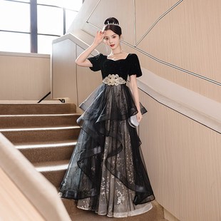 黑色大码 宴会气质高级感轻奢小众主持人连衣裙 晚礼服女2024新款