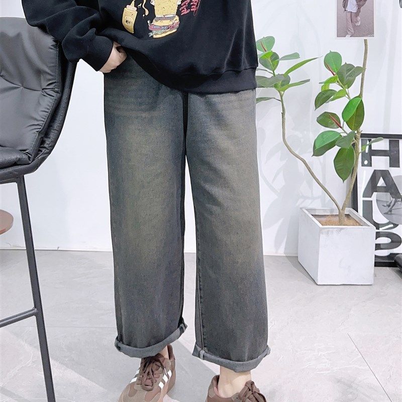 复古直筒牛仔裤秋冬胖mm大码女装高腰窄版阔腿裤九分小个子烟管裤
