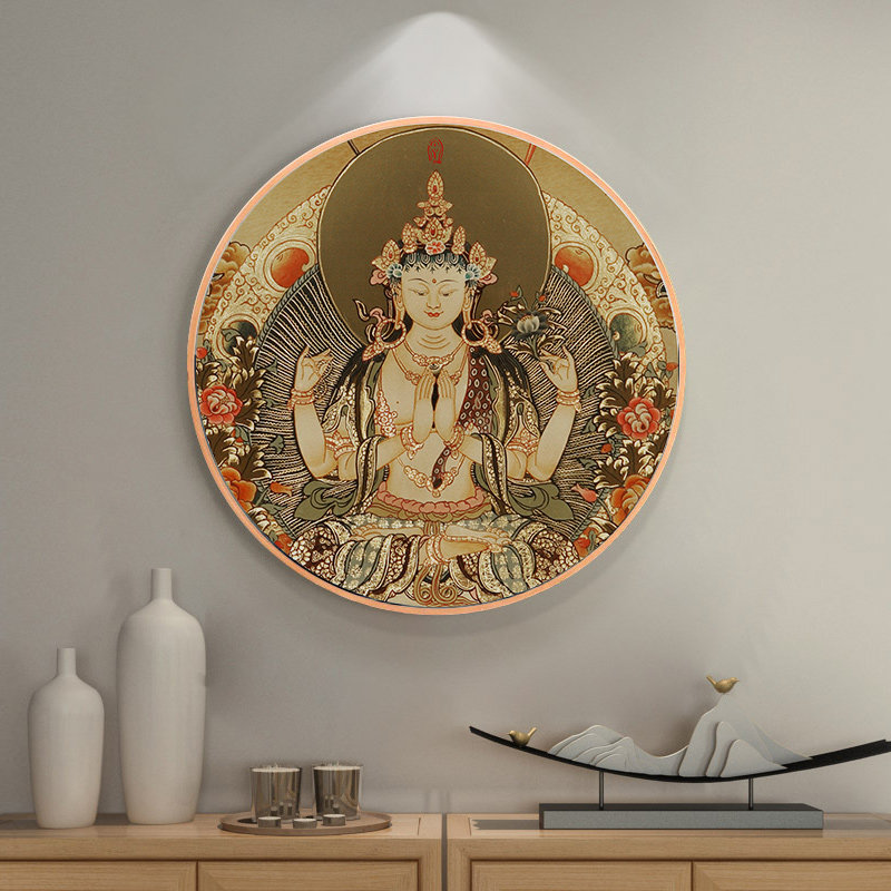新中式心经挂画圆形装饰画客厅观音佛像佛经壁画茶室墙画背景墙画