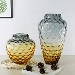 大口径玻璃花瓶 美式大花瓶客厅大堂跳舞兰花瓶 渐变黄色插花瓶