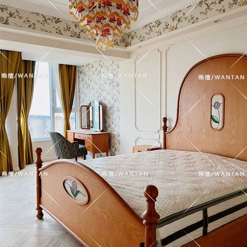 【晚檀】法式实木花窗调性复古风橡木罗马柱高背抽屉储物双人婚床