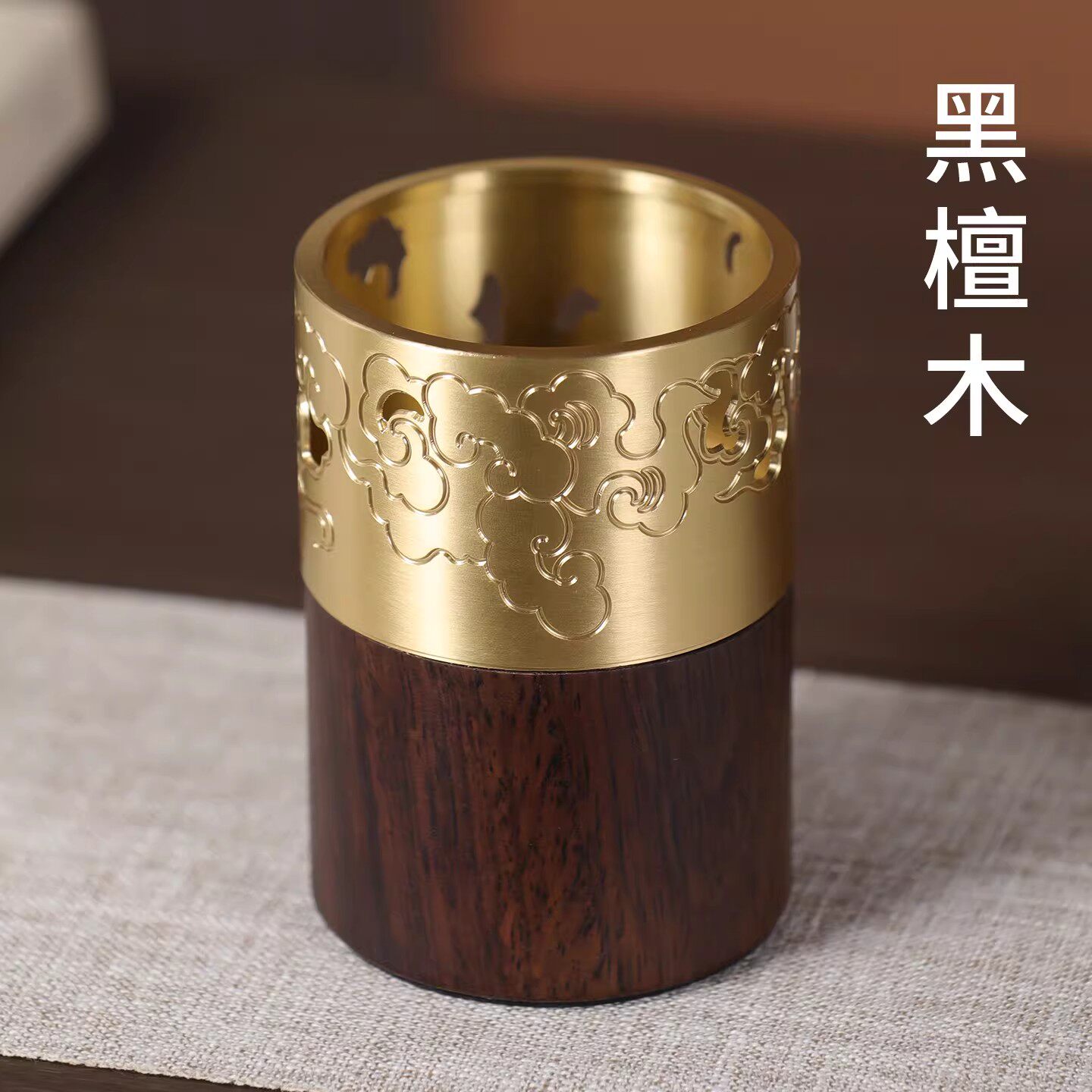 黄铜茶筒笔筒茶道六君子单筒收纳筒罐子茶具配件茶桌书桌摆件