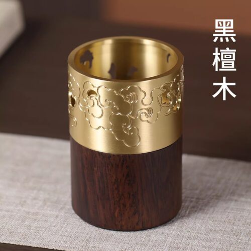 黄铜茶筒笔筒茶道六君子单筒收纳筒罐子茶具配件茶桌书桌摆件