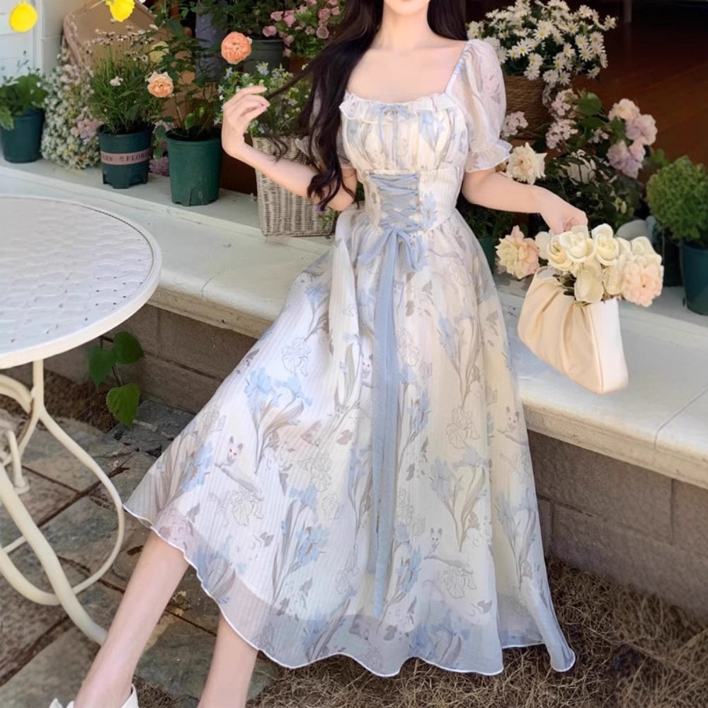 法式茶歇绝美印花系带连衣裙女夏季2025新款高级感初恋收腰长裙子