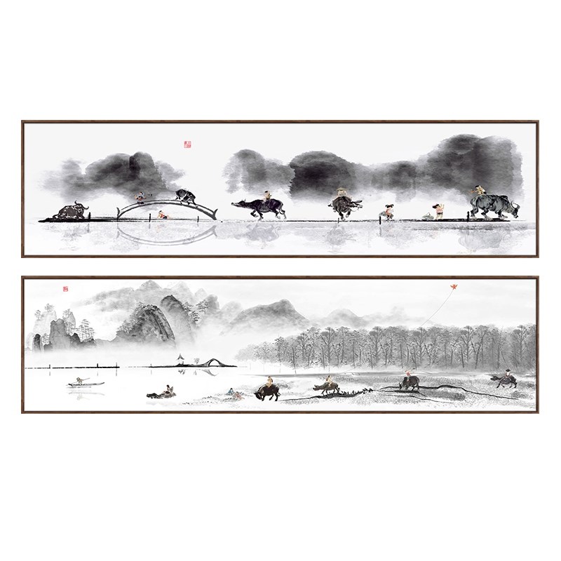 牛气冲天五牛图装饰画客厅牧童骑牛挂画新中式禅意茶室定做背景墙图片
