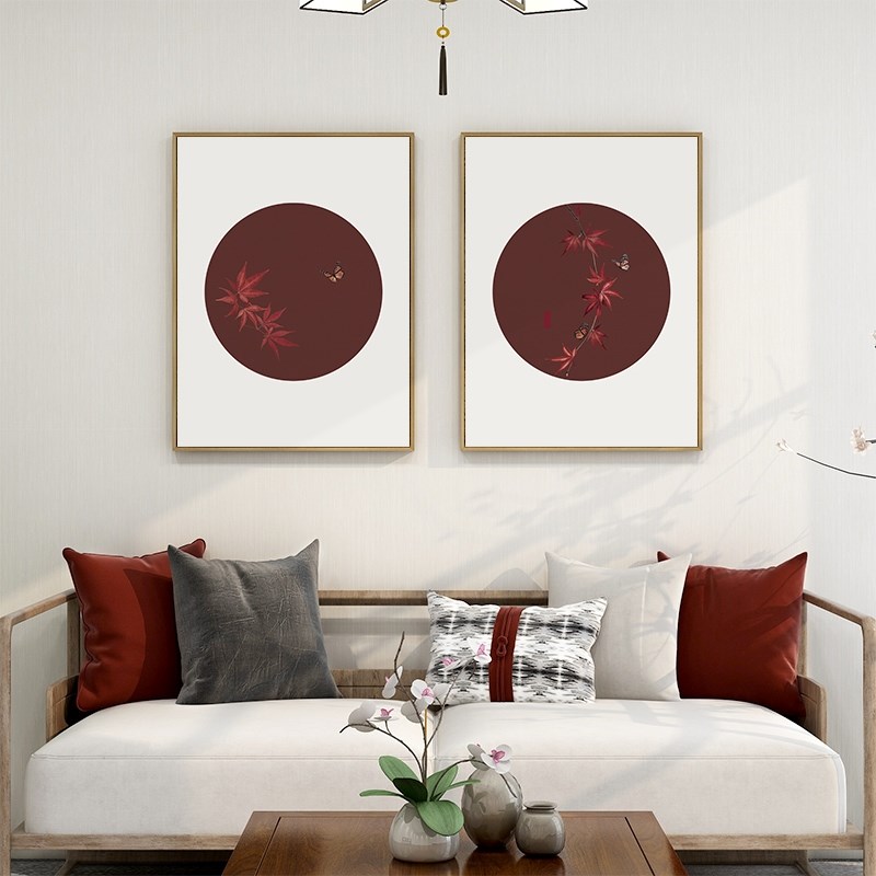 定做新中式入户蝴蝶禅意装饰画玄关客厅枫叶挂画中国风红色背景墙图片