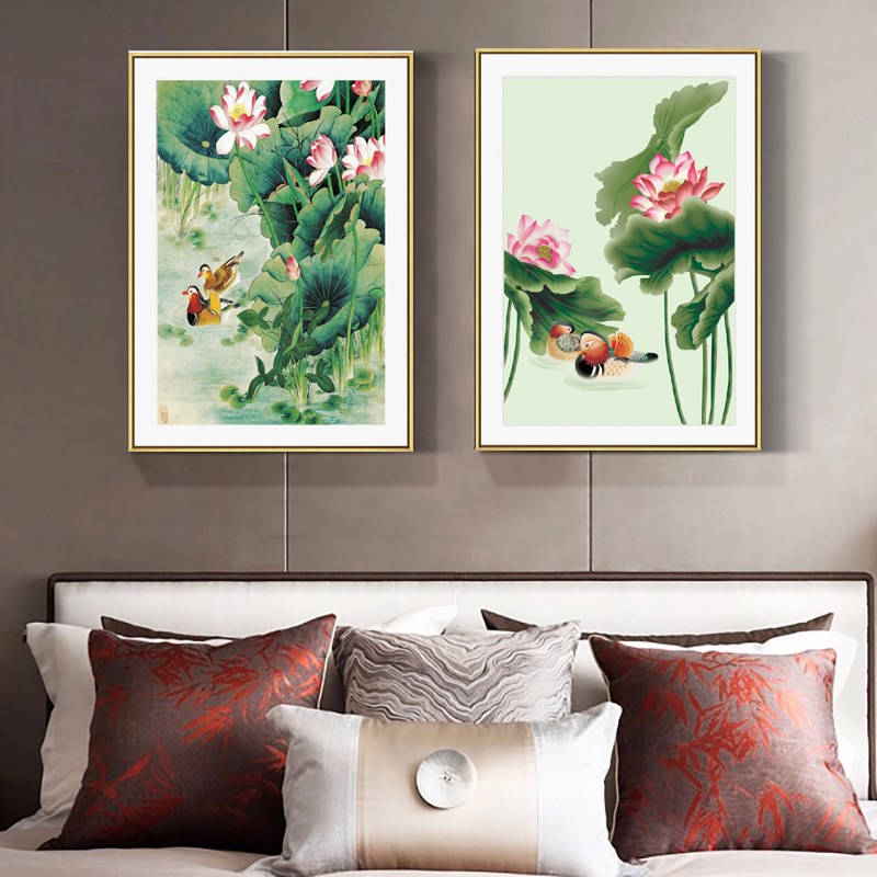 网红鸳戏鸯水框画轻奢壁画荷花装饰画简约客厅挂画卧室现代玄关有图片