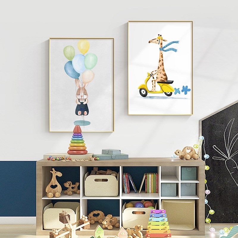 定做儿童房装饰画卧室创意挂画卡通动物墙画现代温馨壁画长颈鹿床图片