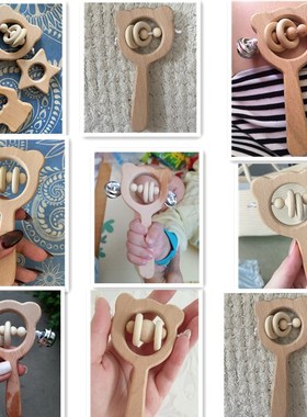 1PC Baby Wooden Rattle Beech Animal Hand Teething Wooden Rin