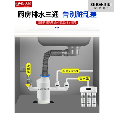 75PVC管厨房下水管三通 水槽前置净水器洗碗机排水分水接头三头通
