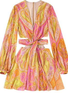 Zevity Women Vintage V Neck Cashew Nuts Floral Print Chiffon