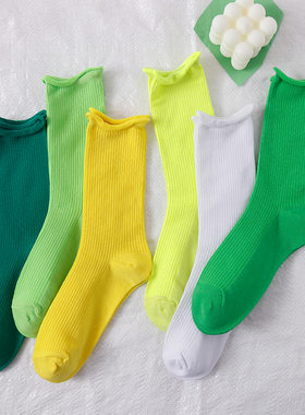 绿色袜子女秋季薄款纯棉荧光绿墨绿长筒日系纯色卷边春夏款中筒袜