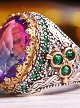 Retro artesanal turco signet anis para homem antigo prata