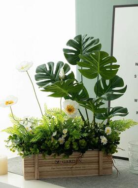 彷真绿色植物假花木质栅栏高级植物组合室内桌面装饰摆饰盆栽隔断