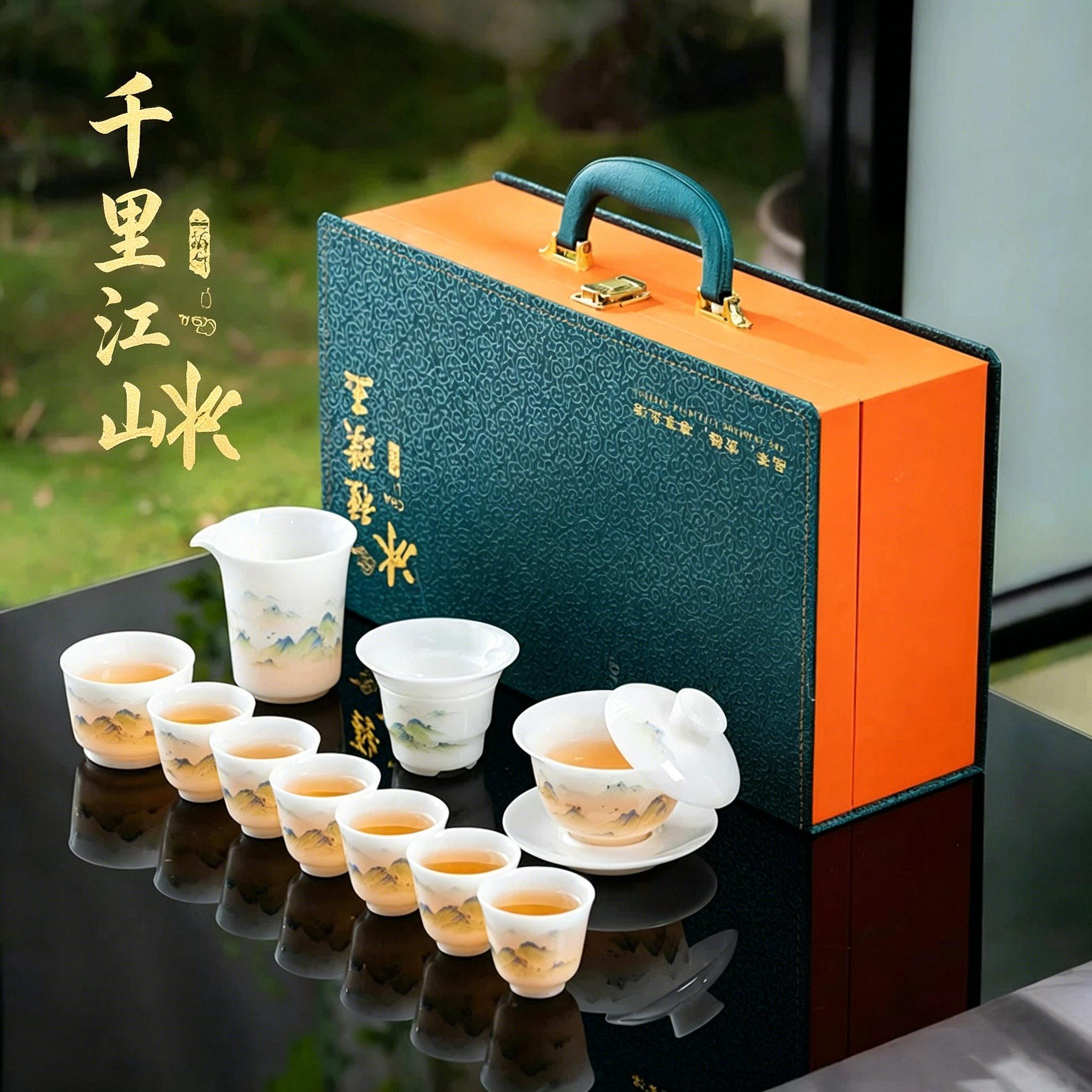 千里江山璞玉冰种玉瓷功夫茶具套组高端家用盖碗泡茶专用商务送礼