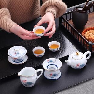 高档功夫茶具套装描金线中式手绘水墨荷花釉下彩陶瓷茶杯盖碗茶壶