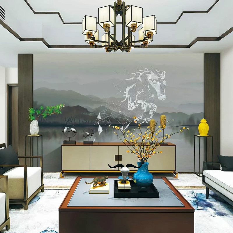 定制 独绣无缝墙布 新中式 马到成功 电视沙发背景壁布