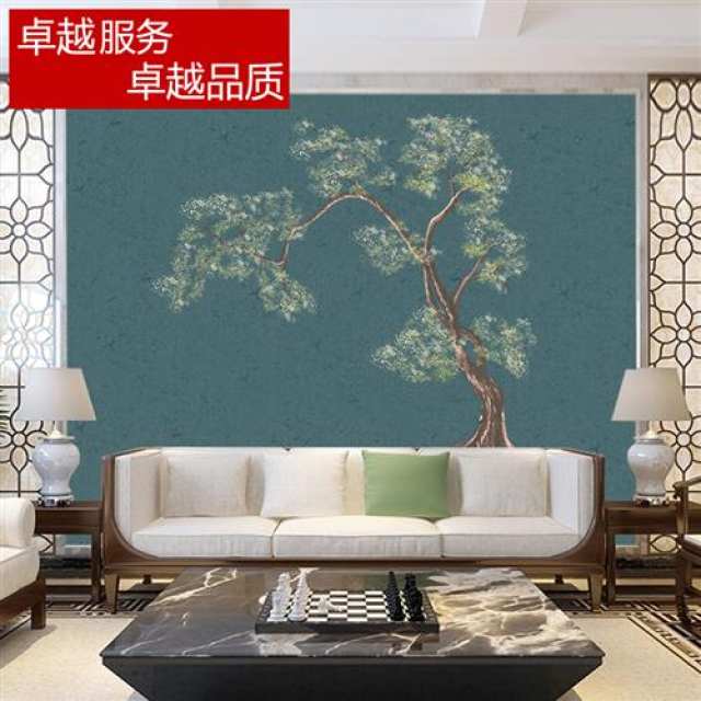 高端刺绣背景墙布新中式发财树客厅电视沙发床头独秀新品无缝奢华