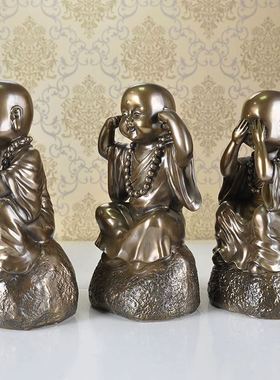 新中式家居铸铜摆饰 三不小和尚树脂工艺品摆饰 卧室客厅人物摆设