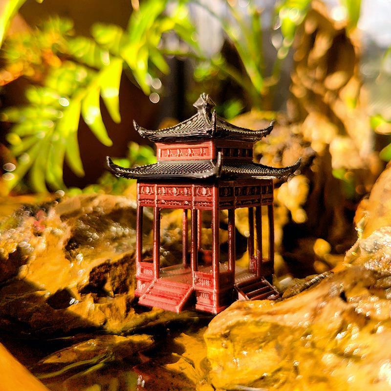 .中式古建筑模型莲花亭小摆件假山水陆鱼缸微景观盆景书房造景房