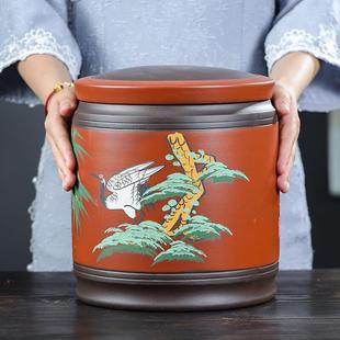 宜兴紫砂茶叶罐罐大号七饼普洱存茶罐泥绘存储家用陶瓷茶饼防潮缸