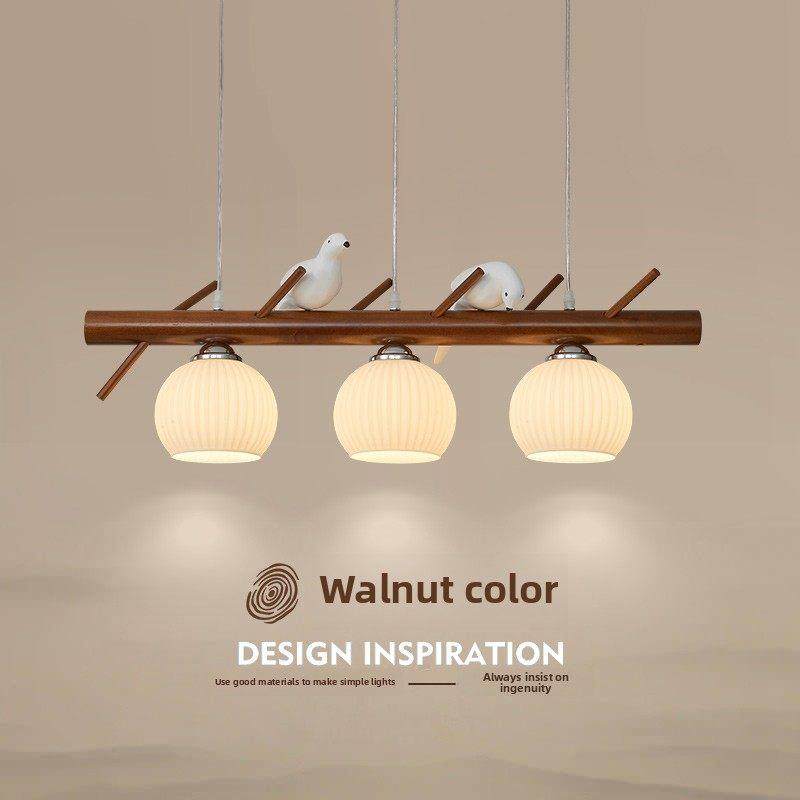 餐厅吊灯三头新中式覆古长条吧台灯餐桌饭厅灯胡桃色小鸟装饰灯具,家装灯饰光源,餐厅吊灯,淘宝优惠券,粉丝福利购,淘宝优惠卷