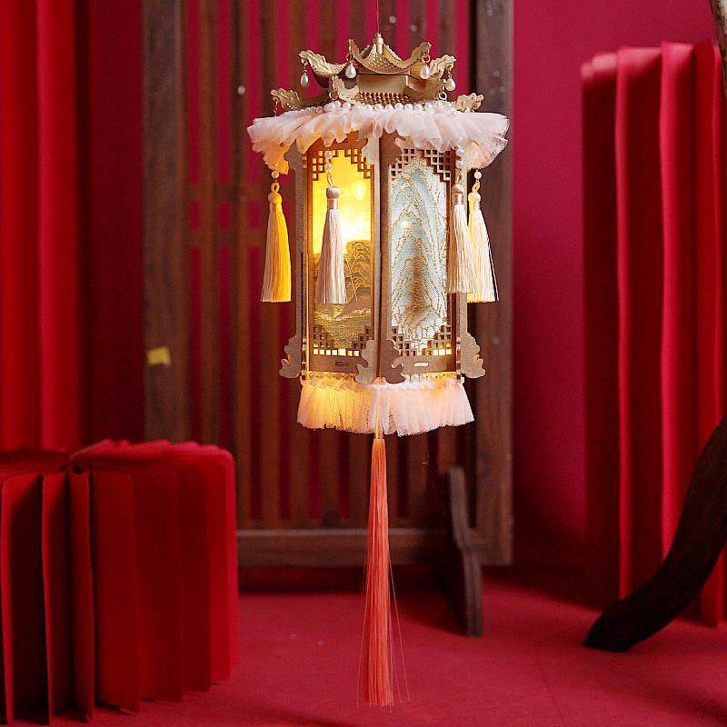 仿古风六角宫灯笼 宫廷拍照道具跳舞蹈手工木质羊角灯步摇灯成品