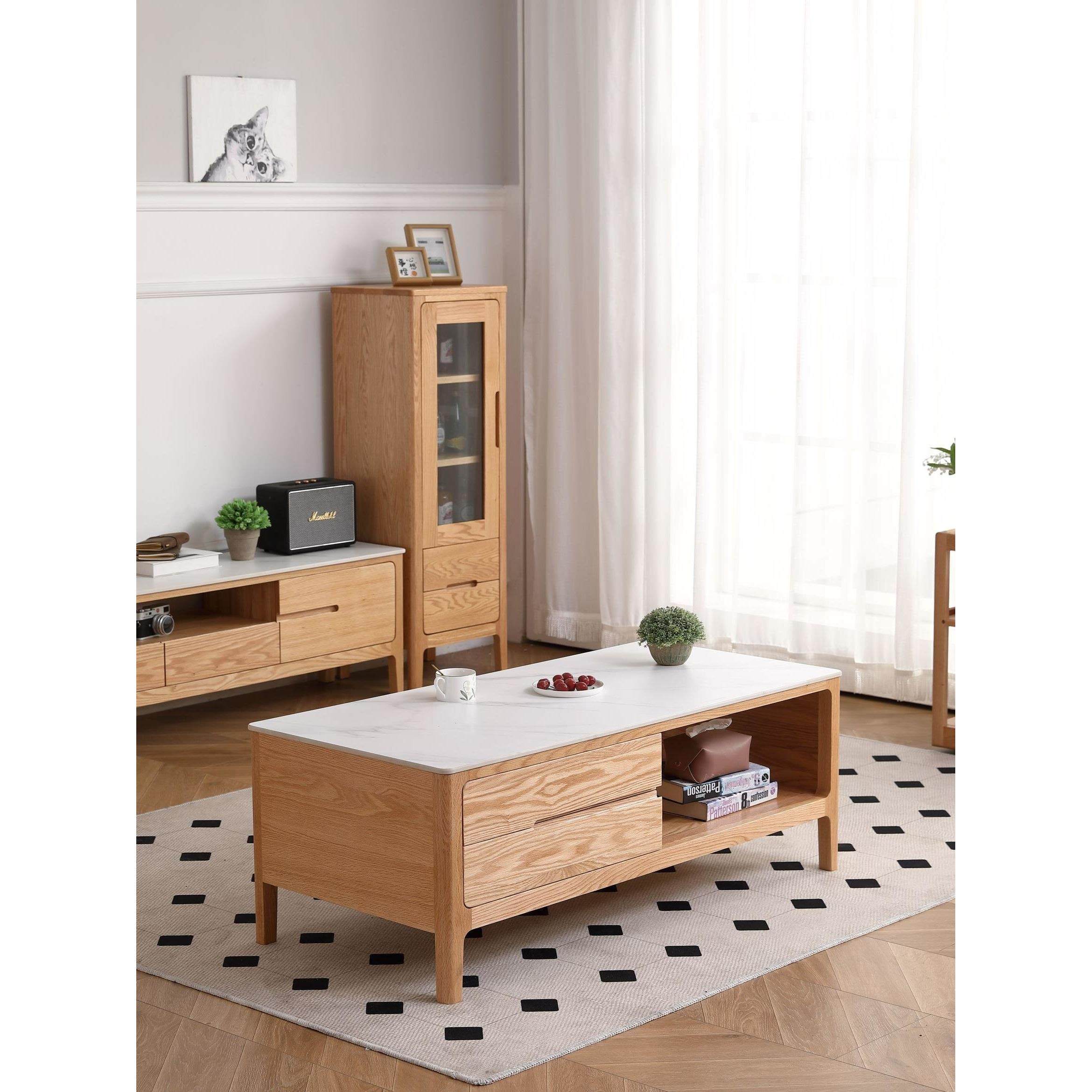 工厂直销云端纯实木红橡木茶几三抽咖啡桌全实木无贴皮岩板面防水