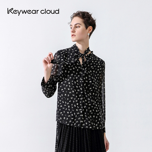 Keywearcloud奇威黑色碎花甜美衬衫