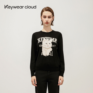 毛衣上衣女 Keywearcloud奇威秋季 新款 猫咪字母印花百搭打底衫 长袖