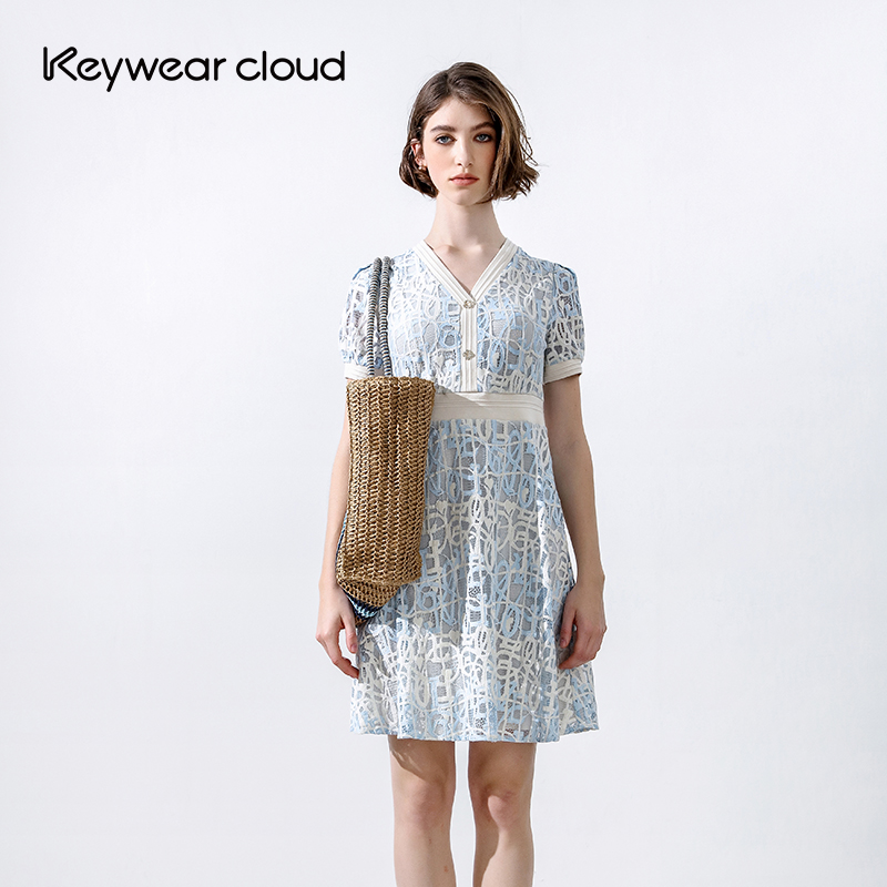 Keywearcloud奇威秋季蓝白缠绕艺术礼服设计款高腰气质通勤连衣裙