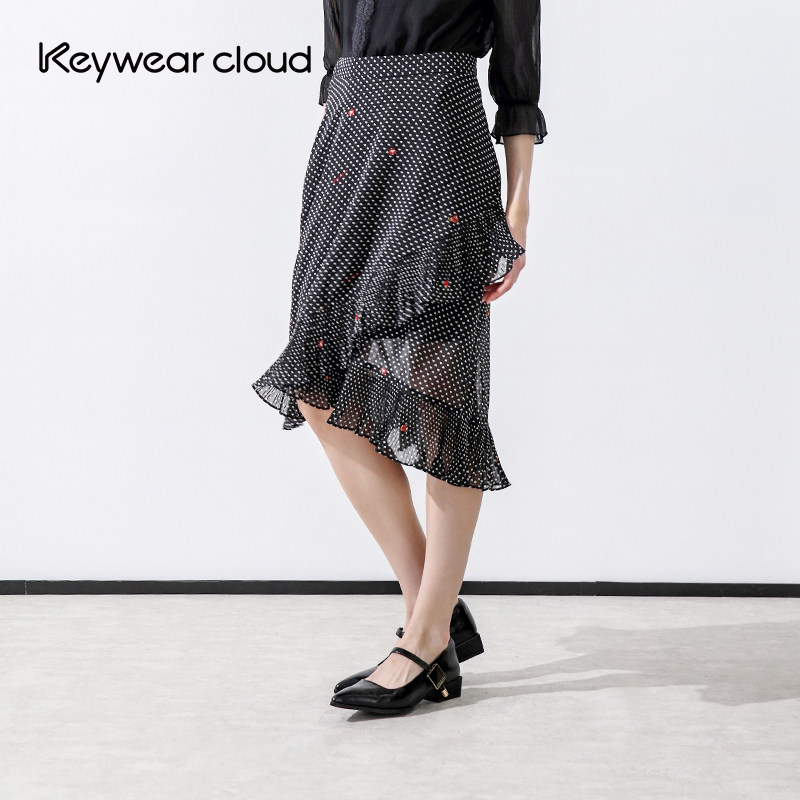 Keywearcloud奇威秋季心形波点夜曲不规则交叉裙摆灵动鱼尾半裙