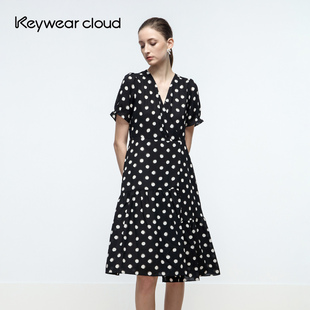 波点连身裙气质短袖 Keywearcloud奇威夏季 女装 设计总监然姐