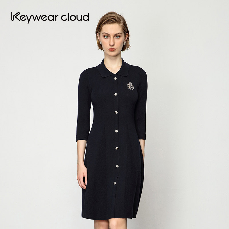 Keywearcloud奇威秋冬翻领学院风七分袖洋装连衣