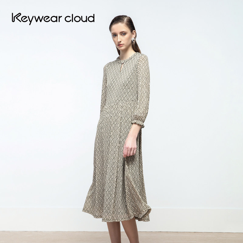 Keywearcloud奇威夏季女装袖口小荷叶边收腰字母印花气质连衣裙