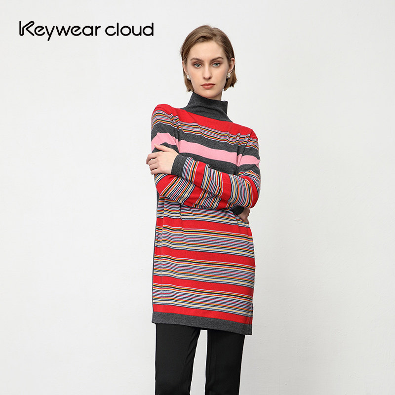 Keywearcloud奇威彩色春夏保暖打底毛衣条纹中长款纯羊毛衫