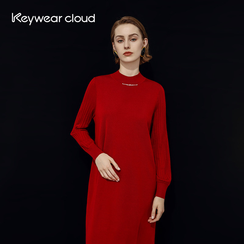 Keywearcloud奇威绵羊毛秋冬精致珍珠半高领过膝裙优雅针织连衣裙