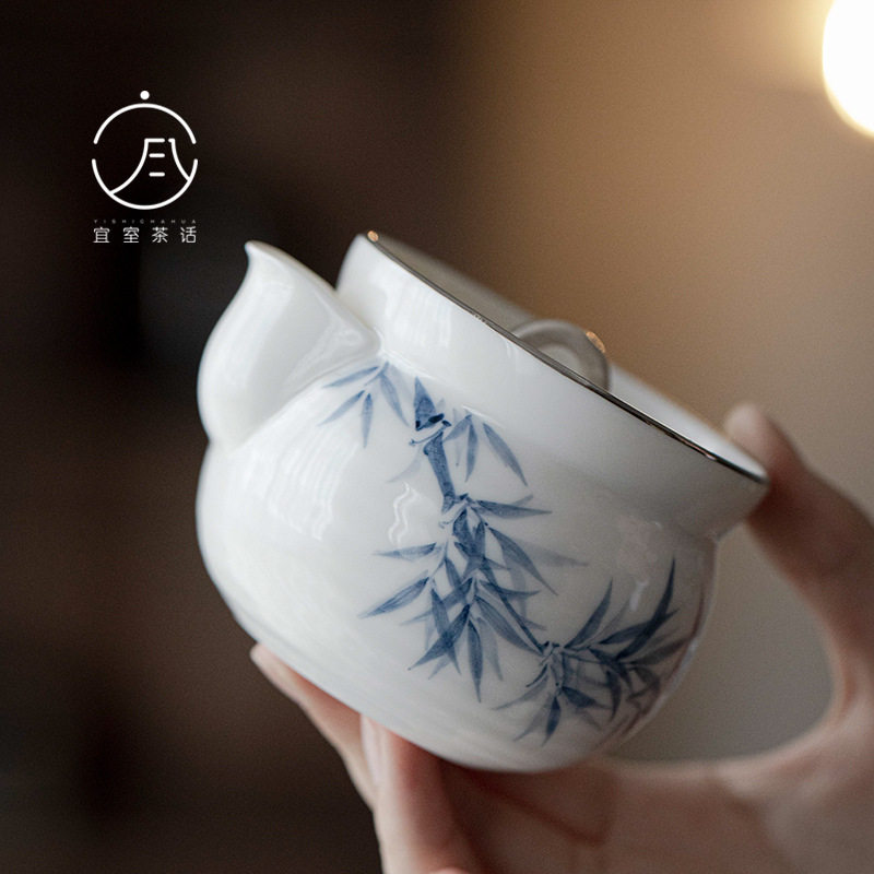 宜室茶话手绘青花竹子茶壶单个茶壶家用陶瓷带过滤泡茶壶鎏银银壶