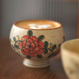 丛一好物汐月堂手作复古青花陶瓷化妆土手握花卉拿铁拉花咖啡杯