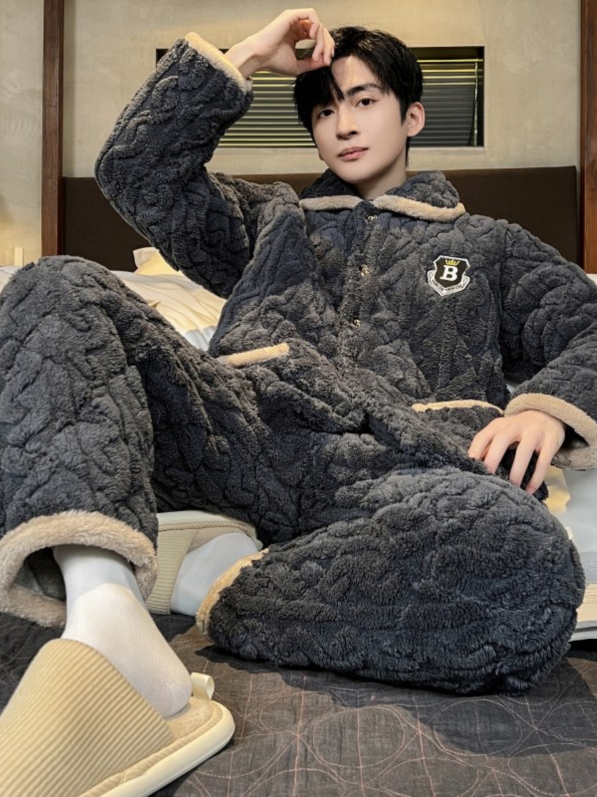 三层夹棉睡衣服男士秋冬季新款加绒加厚保暖珊瑚绒男式家居服套装