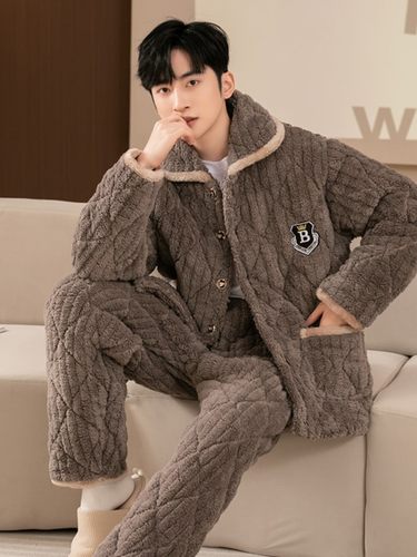 珊瑚绒睡衣男士秋冬季新款三层夹棉加厚加绒保暖法兰绒家居服套装