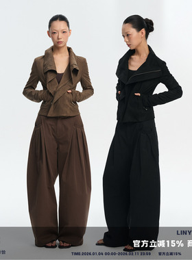 LINY LIBERTY 26SS 复古侧襟短款拉链开衫夹克外套女翻领上衣