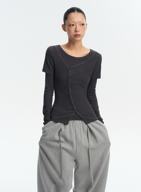 LINY LIBERTY25AW 复古感合体剪裁假两件打底衫上衣女秋冬内搭T恤